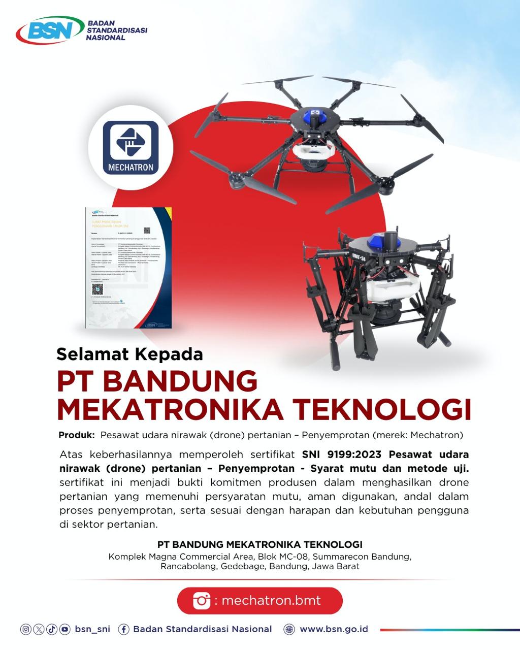 Mechatron Resmi Menerima Sertifikat SNI 9199:2023 untuk Drone Pertanian